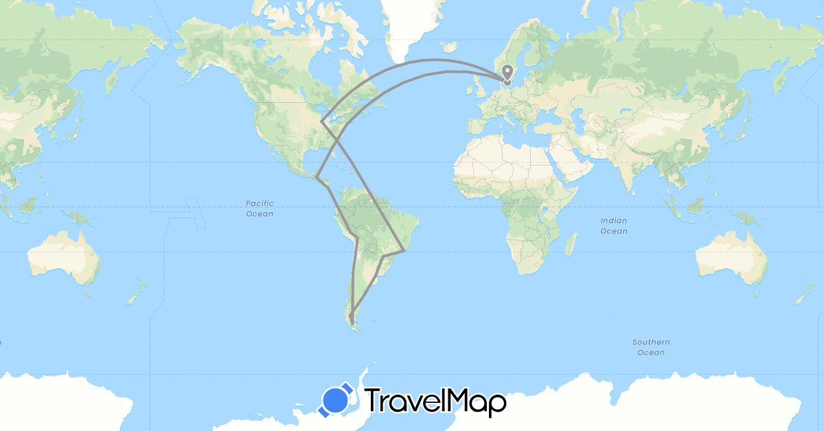 TravelMap itinerary: driving, plane in Argentina, Bolivia, Brazil, Chile, Costa Rica, Denmark, Guatemala, Peru, United States (Europe, North America, South America)